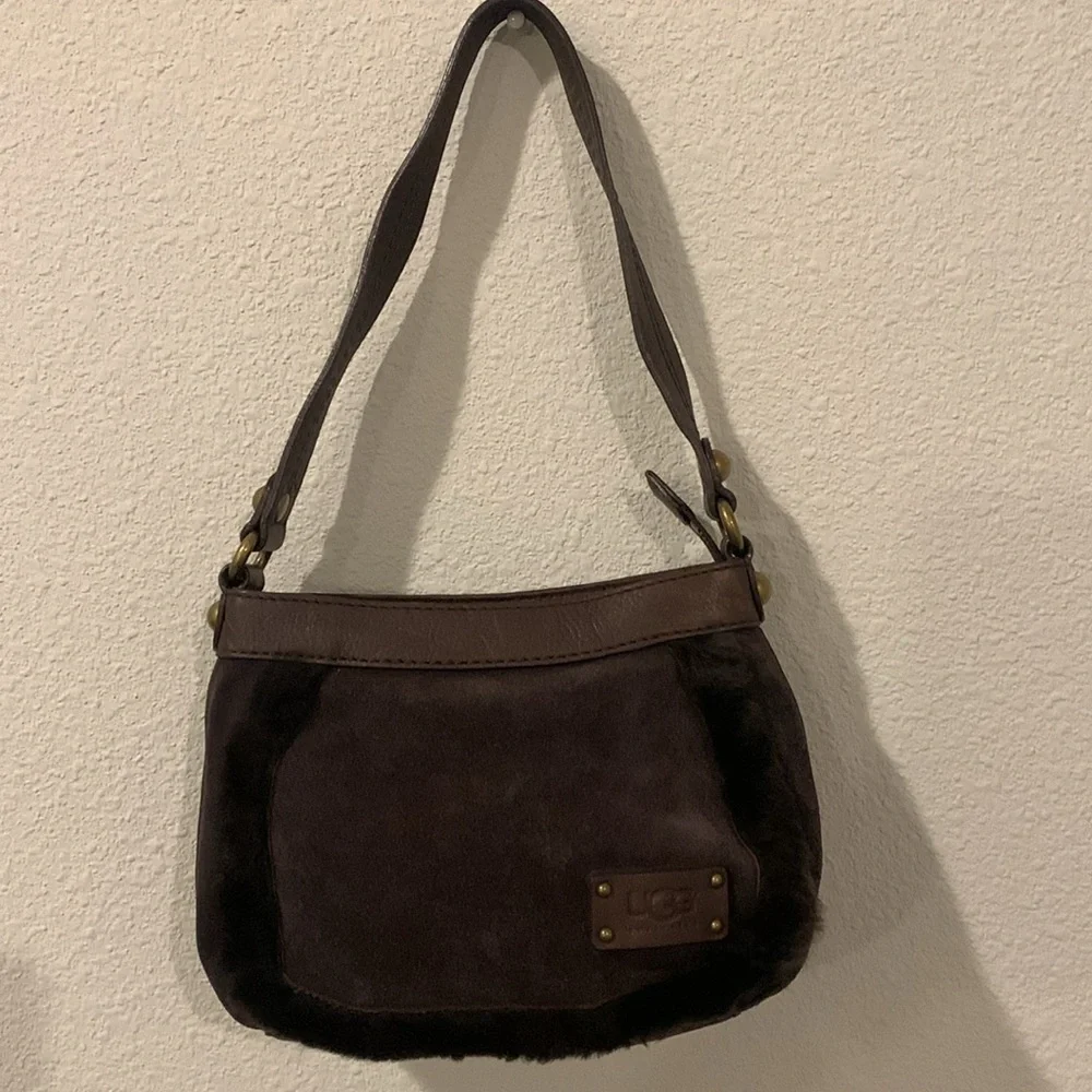LMT: UGG Australia Suede Leather Shearling Classic Bailey Handbag in Dark Brown